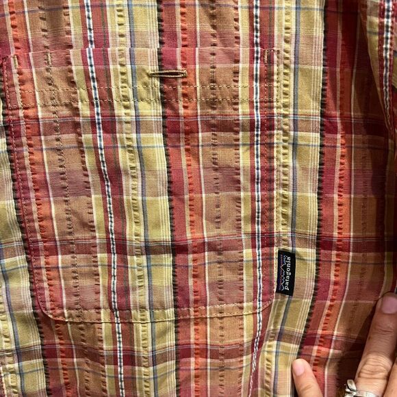 Patagonia Mens Orange Shirt L/XL Button Up Plaid Flannel Collared Short Sleeve - Picture 11 of 11